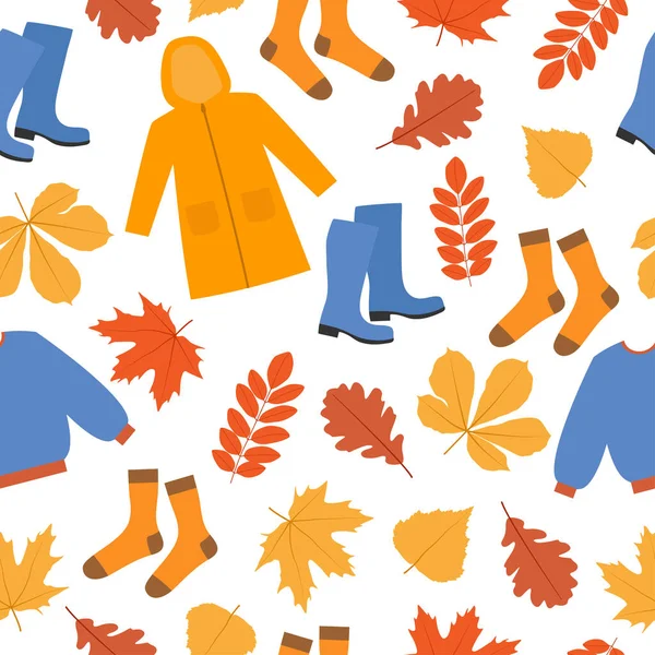 Autumn seamless pattern. Raincoat, sweater, rubber boots, socks and falling leaves on white background. — Stock Vector