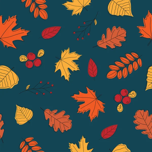 Nahtloses Muster von Herbstblättern auf dunkelblauem Hintergrund. Line Art bunte Blätter. Doodle style.Background für Natur, Öko und Herbst Design — Stockvektor