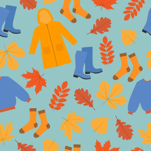 Podzimní plynulý vzor. Pláštěnka, svetr, gumové boty, ponožky a padající listy na modrém pozadí. — Stockový vektor