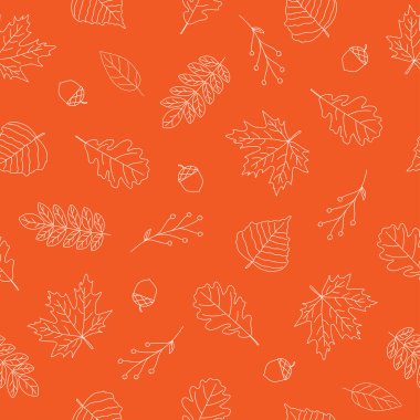 Turuncu arka planda beyaz sonbahar yapraklarının kusursuz deseni. Çizgi tasarımı. Doodle tarzı. Doğa, eko ve sonbahar tasarımı için arka plan