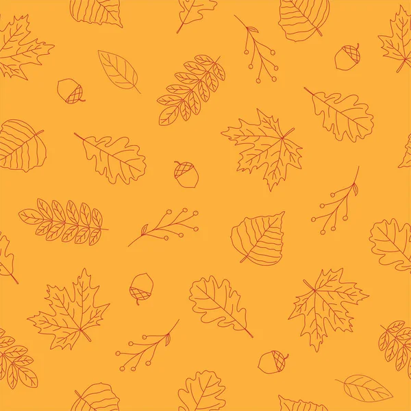 Bezproblémový vzor červených podzimních listů na žlutém pozadí. Výtvarný design. Doodle styl. Pozadí pro design přírody, ekologie a podzimu — Stockový vektor