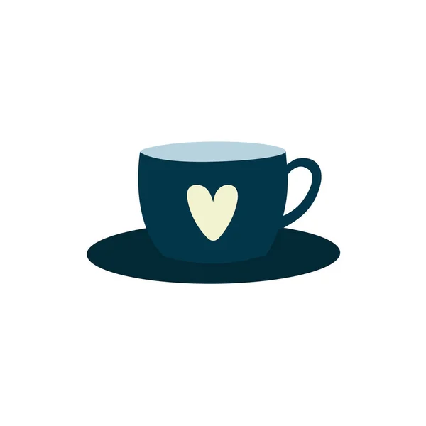 Синяя чашка чая или кофе с белым сердцем и блюдцем. Плоский дизайн. — стоковый вектор
