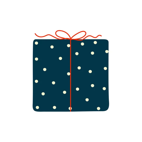 Boîte cadeau de couleur bleu foncé à pois blancs et ruban rouge. Style caniche. Clipart objet pour anniversaire, vacances, Noël, cartes du Nouvel An, bannières, concepts de vente. — Image vectorielle