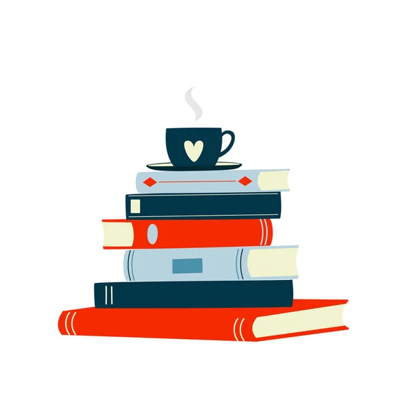 Stack of colorful books and cup with saucer. Doodle style. — Stock Vector