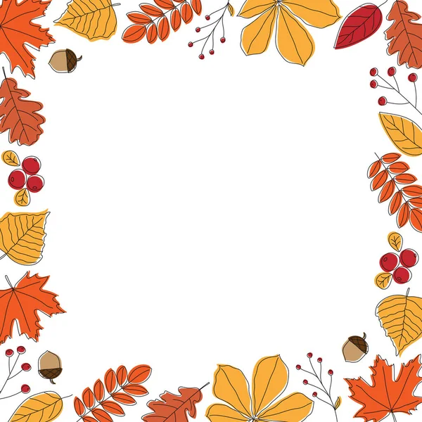 Kleurrijke herfst bladeren frame. Line art design. Doodle stijl. — Stockvector