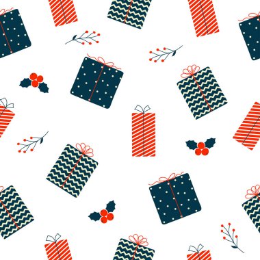 Noel ve Yeni Yıl pürüzsüz geçiyor. Renkli hediye kutuları ve beyaz arka planda ökseotu. Doodle tarzı.