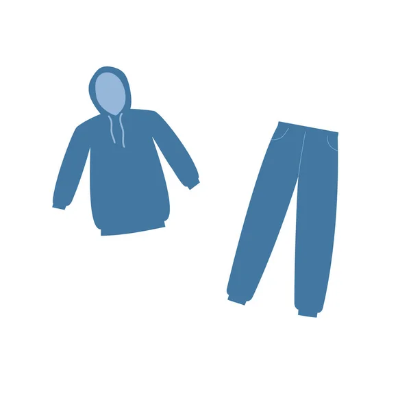 Blauer Kapuzenpulli und blaue Hose. Kleidung und Accessoires. Doodle-Stil. — Stockvektor