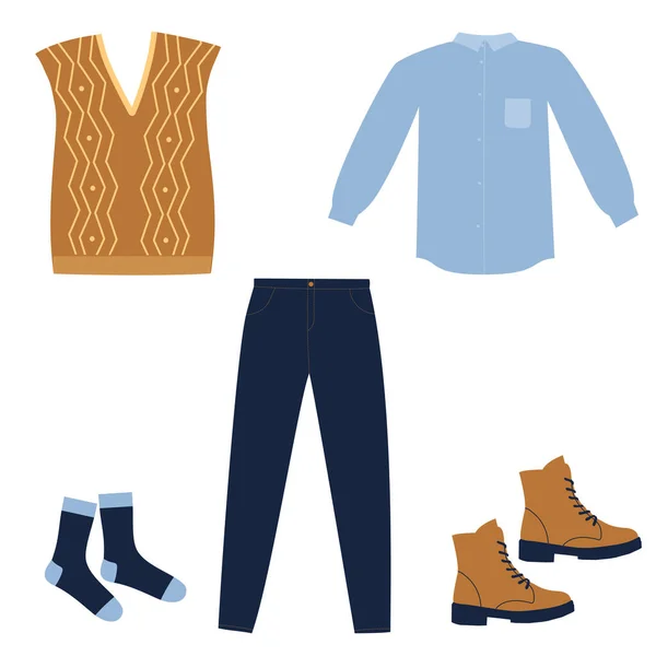 Conjunto de roupas de inverno. Calça azul, botas, meias, colete e camisa. Elementos de roupas quentes. Estilo doodle. — Vetor de Stock