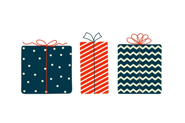 Set de coffrets cadeaux en couleurs bleu, blanc et rouge avec rubans. Style caniche. Clipart objet pour anniversaire, vacances, Noël, cartes du Nouvel An, bannières, concepts de vente. — Image vectorielle