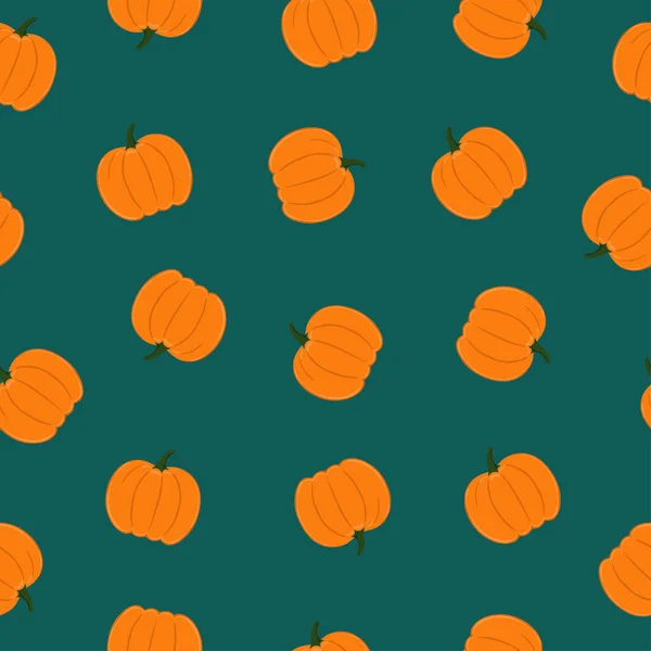 Безшовний візерунок гарбузів на фоні смарагдового кольору. Фон для осіннього декоративного дизайну — стоковий вектор