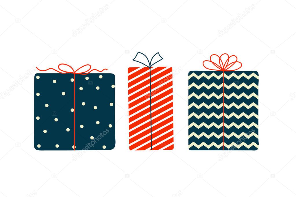 Set of gift boxes in blue, white and red colors with ribbons. Doodle style. Clipart object for birthday, holiday, Christmas, New Year cards, banners, sale concepts. 