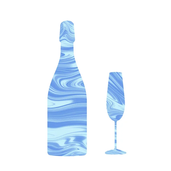 Botella de champán y copa con textura azul. elemento de decoración de vacaciones. —  Fotos de Stock