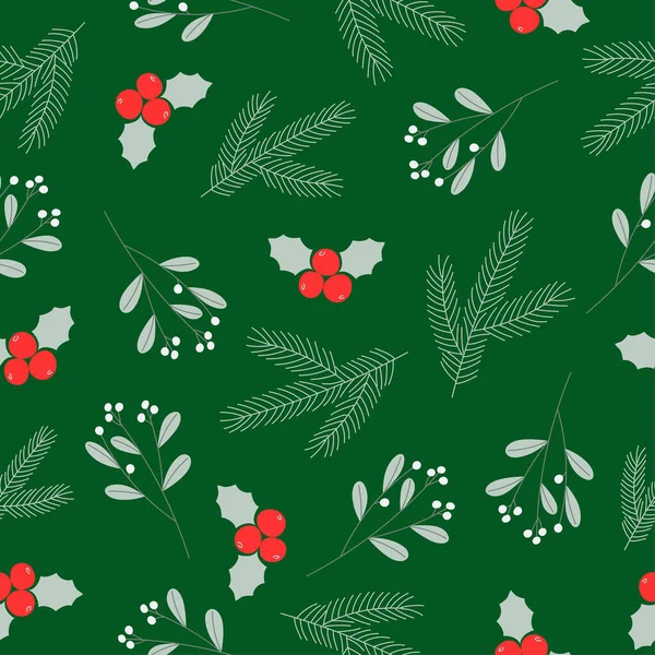 겨울 식물 과 딸기를 곁들인 무미건조 한 크리스마스 패턴이죠. 녹색 배경에 있는 겨우살이, 겨우살이 및 소나무 가지. — 스톡 벡터