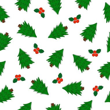 Yeşil Noel ağacının kusursuz deseni ve beyaz arka planda Holly. Çam ağacı. Çizgi çalışması. Doodle tarzı. 