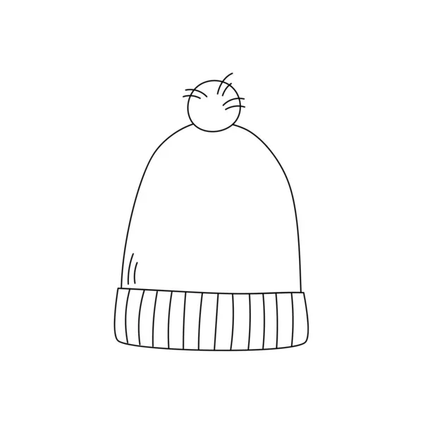 Zimní klobouk. Pleteme vlněnou přízí s bambulí. Doodle styl. Čárový obrázek — Stockový vektor