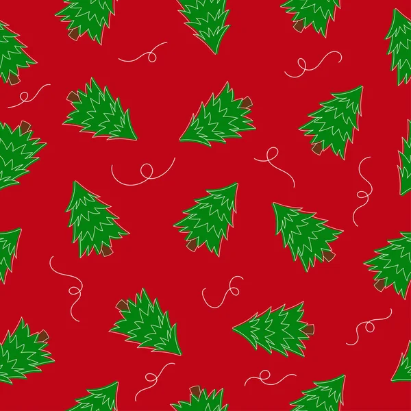 Безшовний візерунок зеленої ялинки на червоному тлі. Соснове дерево. Лінійне мистецтво. Стиль Doodle . — стоковий вектор