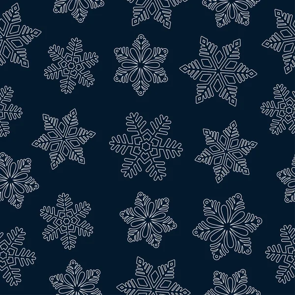 Copos de nieve blancos sobre fondo azul patrón sin costuras. Arte de línea. Fondo para el diseño de invierno. — Vector de stock