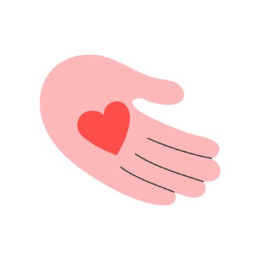 Kalbi tutan el. Doodle tarzı. Aşk, ilgi ve empati kavramı. İzole vektör illüstrasyonu