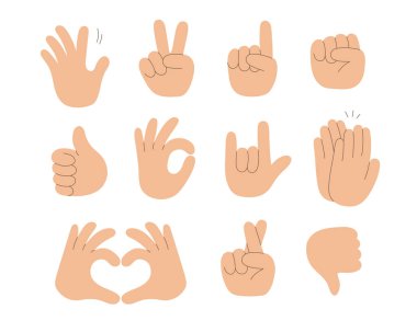 Farklı jestleri olan bir çift el. Doodle tarzı. İzole vektör illüstrasyonu