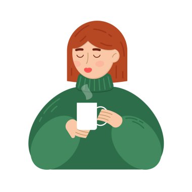 Sıcak ve rahat örülü kazaklı kız elinde çay ya da kahve tutuyor. Kart, poster, afiş, afiş için düz stil karakter. İzole vektör illüstrasyonu 