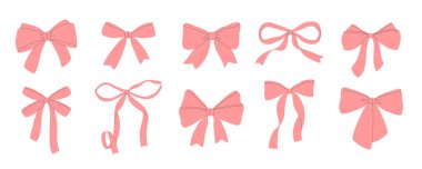 Elle çizilmiş pembe fiyonklar. Tebrik kartı, davetiye, poster, afiş ve hediye çeki için tasarım ögesi. İzole vektör illüstrasyonu.