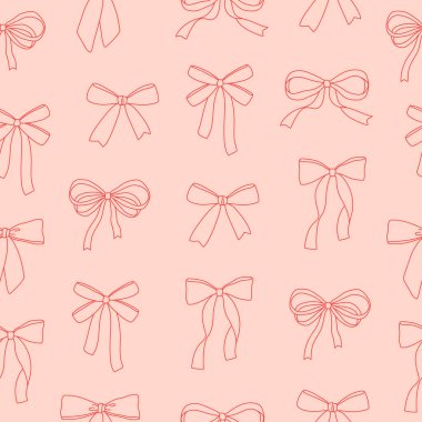 Pembe arka planda kırmızı fiyonklarda çizilmiş kusursuz el izi. Tebrik kartı, davetiye, poster, pankart, ambalaj kağıdı şablonu. Vektör illüstrasyonu