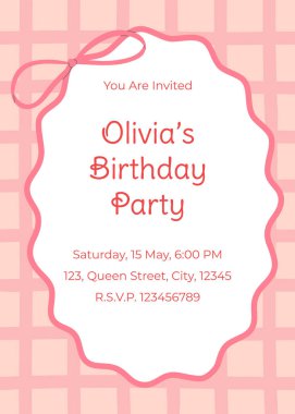 Doğum günü partisi davetiye şablonu. Pembe şebeke arkaplanlı bir çerçeve. Vektör illüstrasyonu