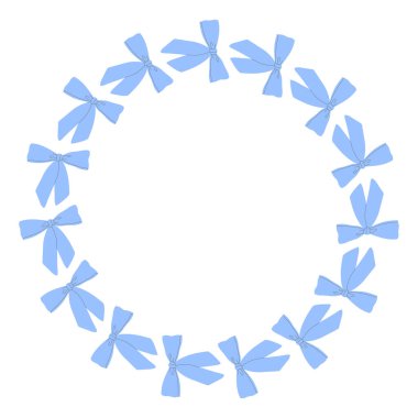 Mavi kurdeleli yuvarlak çerçeve. Tebrik kartı, davetiye, poster, afiş ve hediye çeki için tasarım ögesi. İzole vektör illüstrasyonu