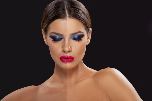 Schoonheid en make-up, portret van een mooie vrouw, voor en na — Stockfoto