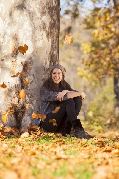 Γυναίκα κοντά σε δέντρο στο πάρκο φθινόπωρο — Φωτογραφία Αρχείου