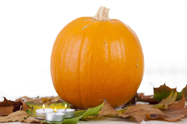 Zucca e candele con foglie — Foto Stock