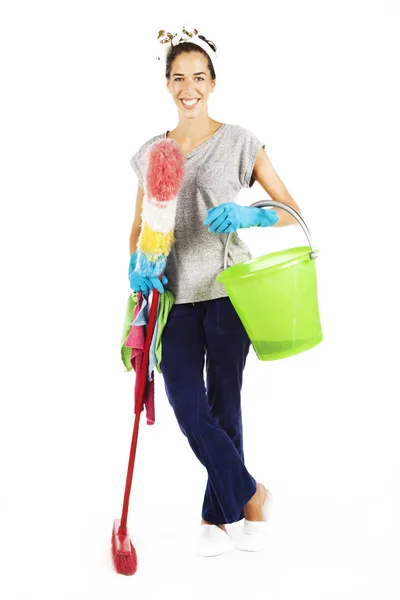 Smiling cleaning woman with cleaning product — Stock Photo, Image