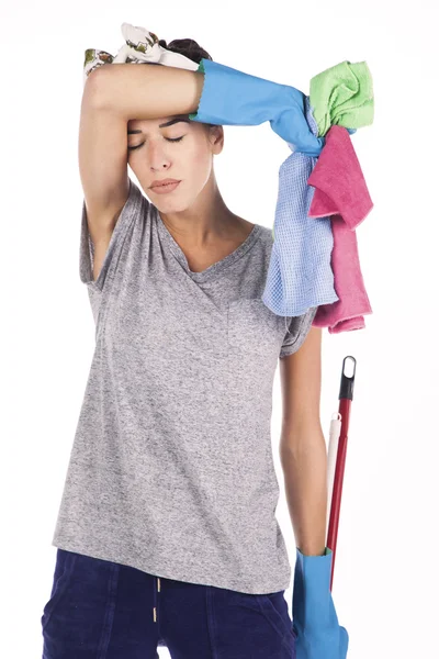 Tired exhausted cleaning woman — Stock Photo, Image