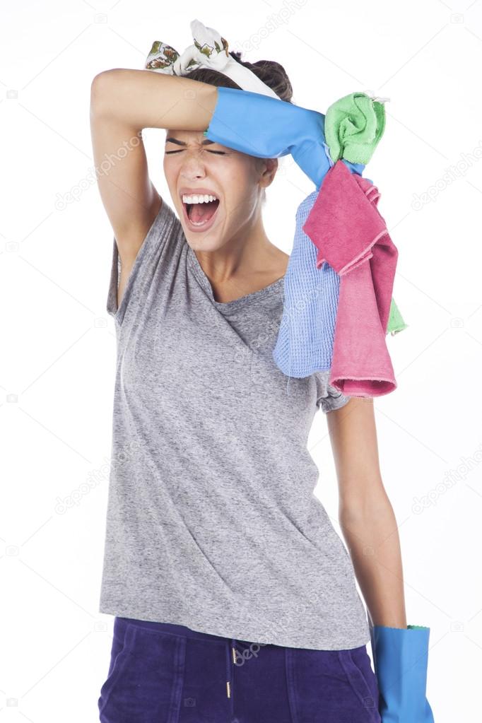 Tired exhausted cleaning woman