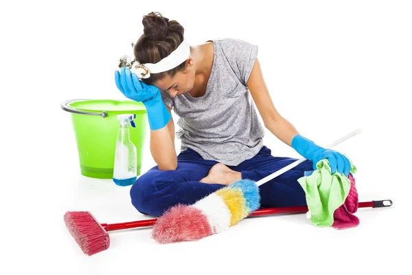 Tired exhausted cleaning woman — Stock Photo, Image