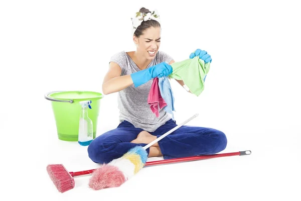 Tired exhausted cleaning woman — Stock Photo, Image