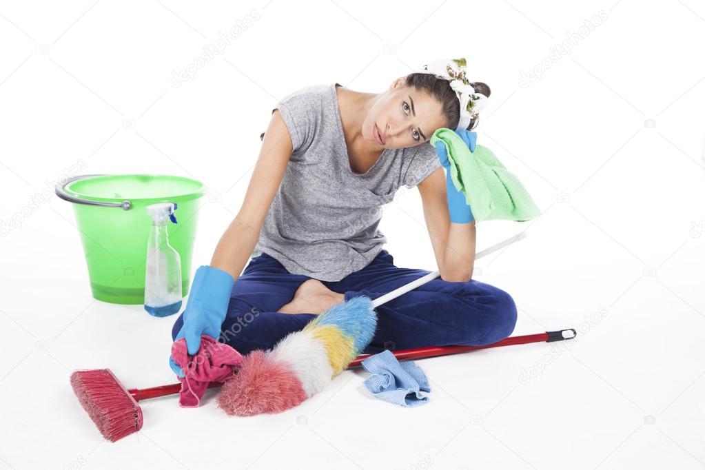 Tired exhausted cleaning woman