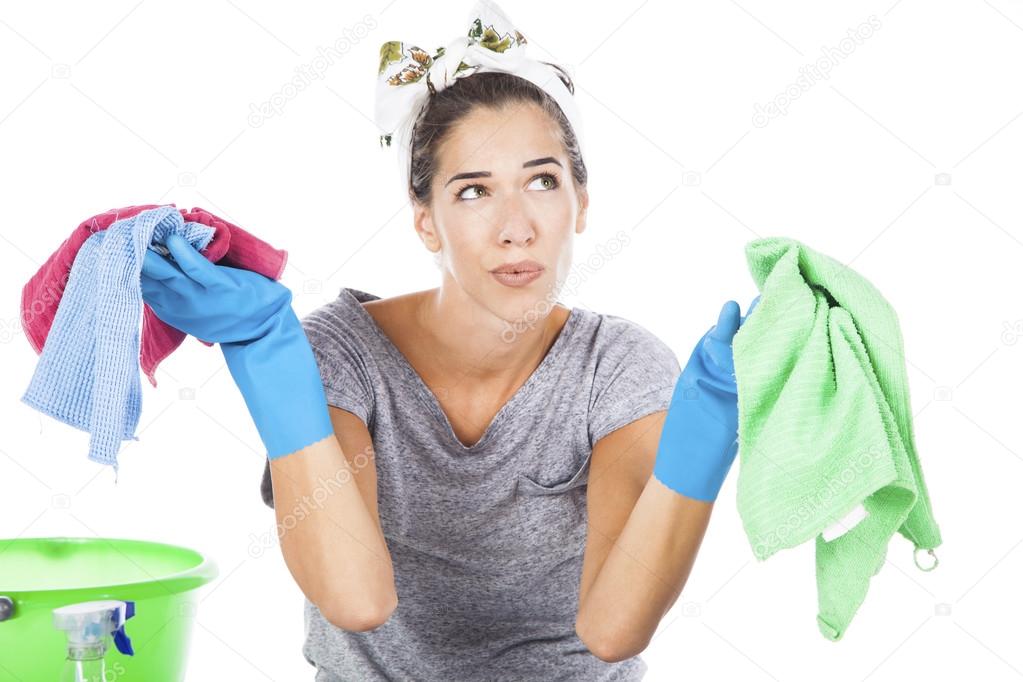 Tired cleaning woman