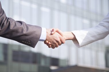 İş kadını ve işadamı el sıkışıyor