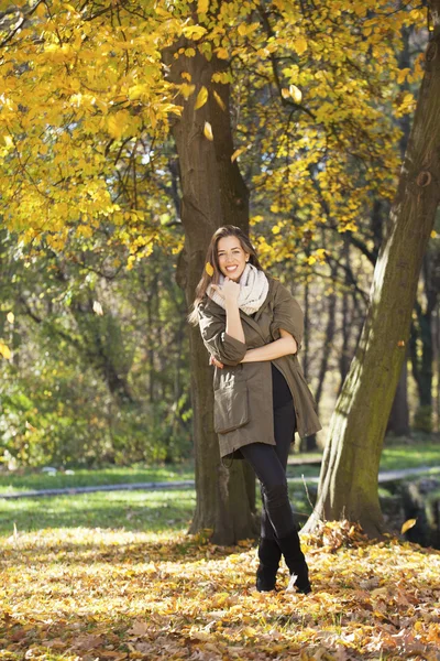 Schöne glückliche Frau, die im herbstlichen Park spaziert. Herbstzeit — Stockfoto