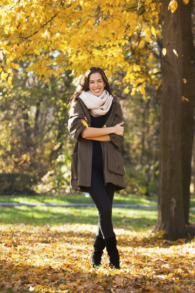 Krásná šťastná žena chůze v podzimním parku. Sezóna podzim — Stock fotografie