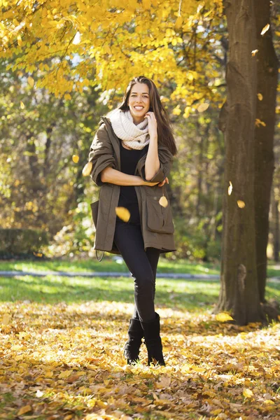 Hermosa mujer feliz caminando en el parque de otoño. Temporada de otoño —  Fotos de Stock