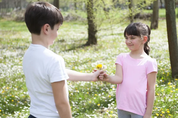 소녀에게 꽃을 주는 소년 — 스톡 사진