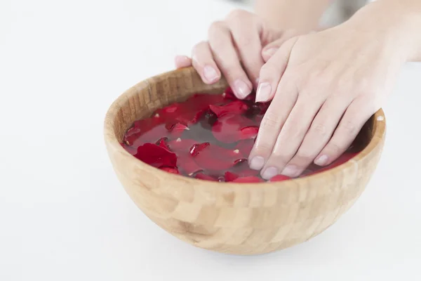 Woman hands with wooden bowl — Stock Photo, Image