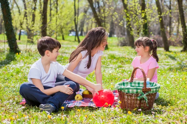 Madre con bambini che fanno picnic — Foto Stock