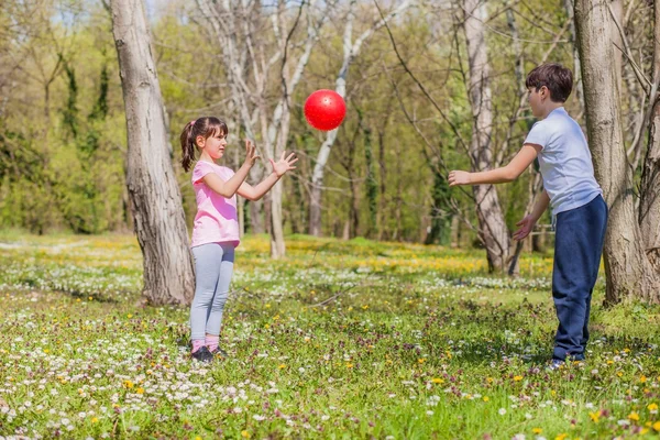 Erkek ve kız parkta top oynamaktan — Stok fotoğraf
