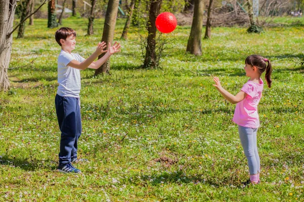 Niño y niña jugando con pelota en el parque — Foto de Stock