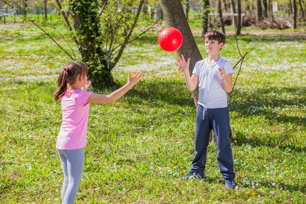 Niño y niña jugando con pelota en el parque — Foto de Stock