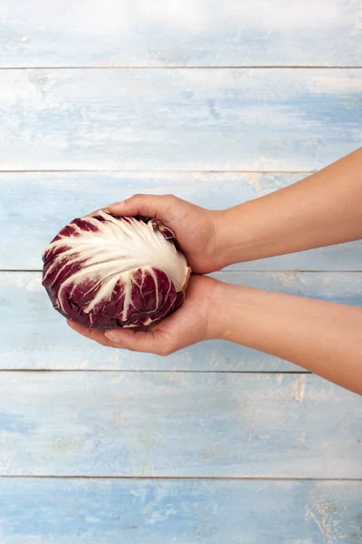 Radicchio dans les mains avec table en bois — Photo