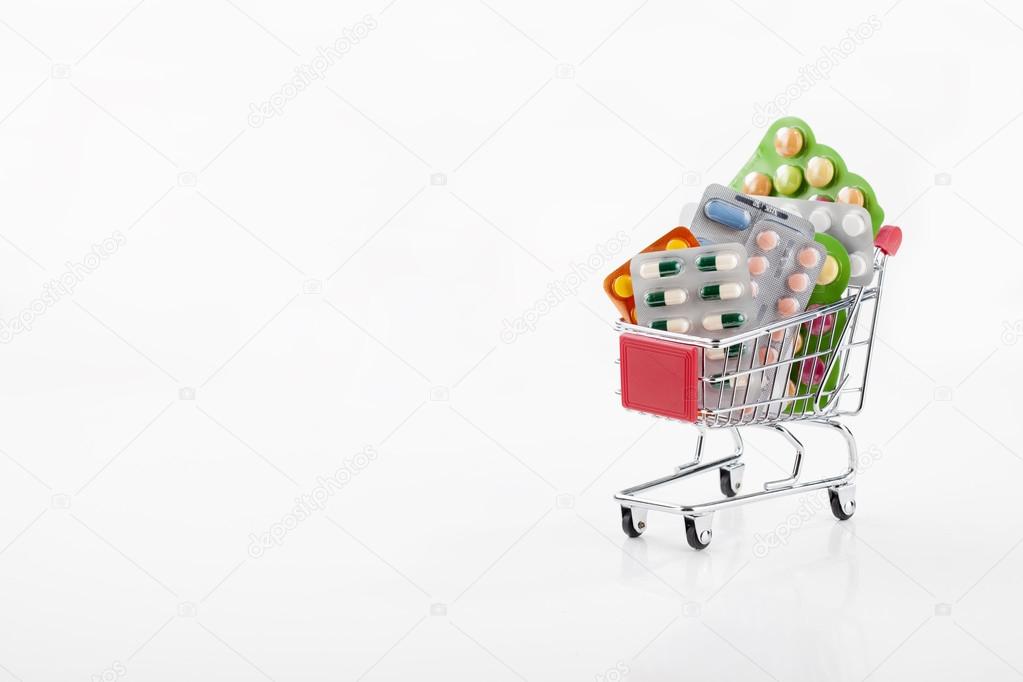 Drugs and pills in supermarket trolley
